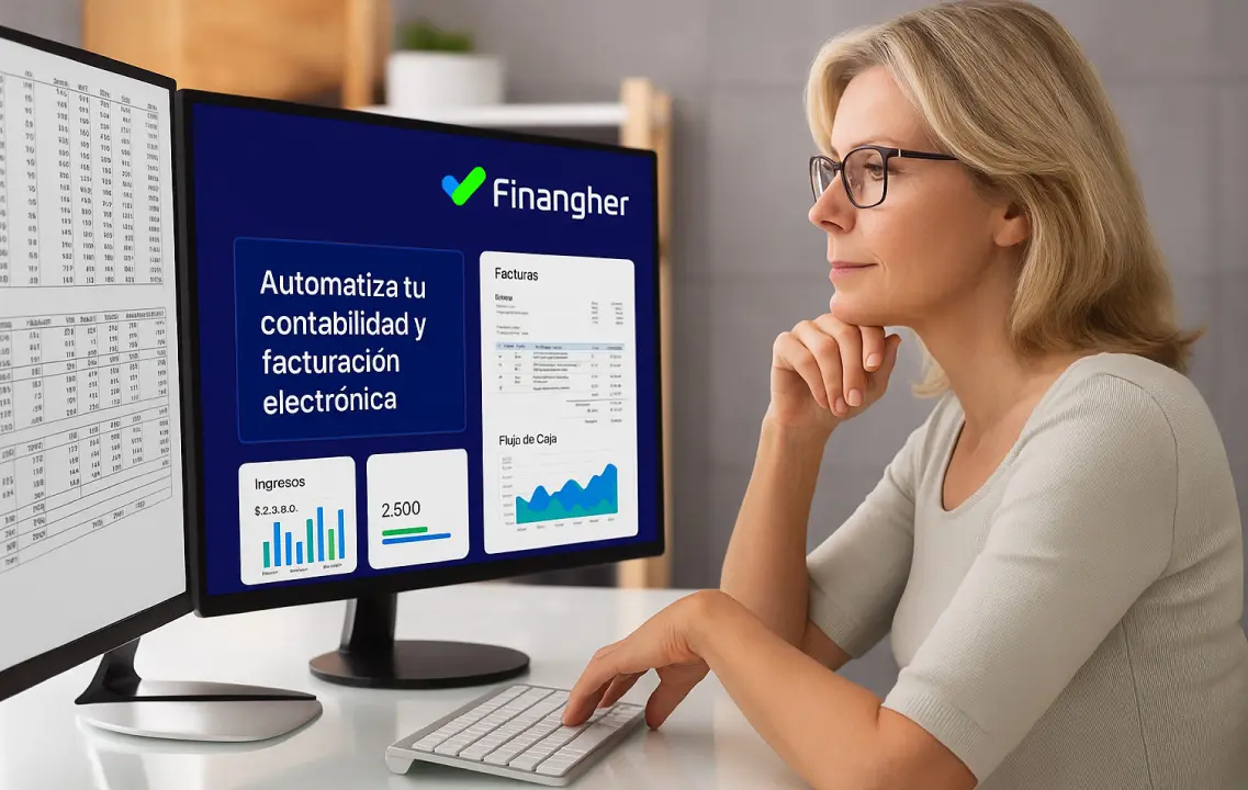 Pantalla de Finangher mostrando automatización contable y facturación electrónica